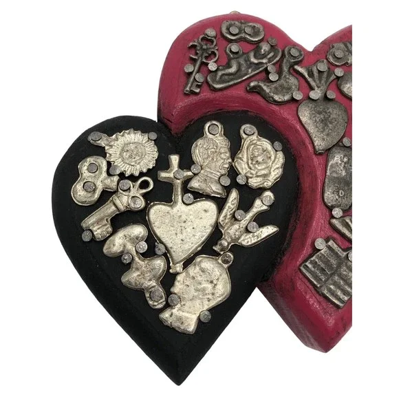 Red & Black Mexican Milagro Wooden Double Heart with Silver Pins Folk Art